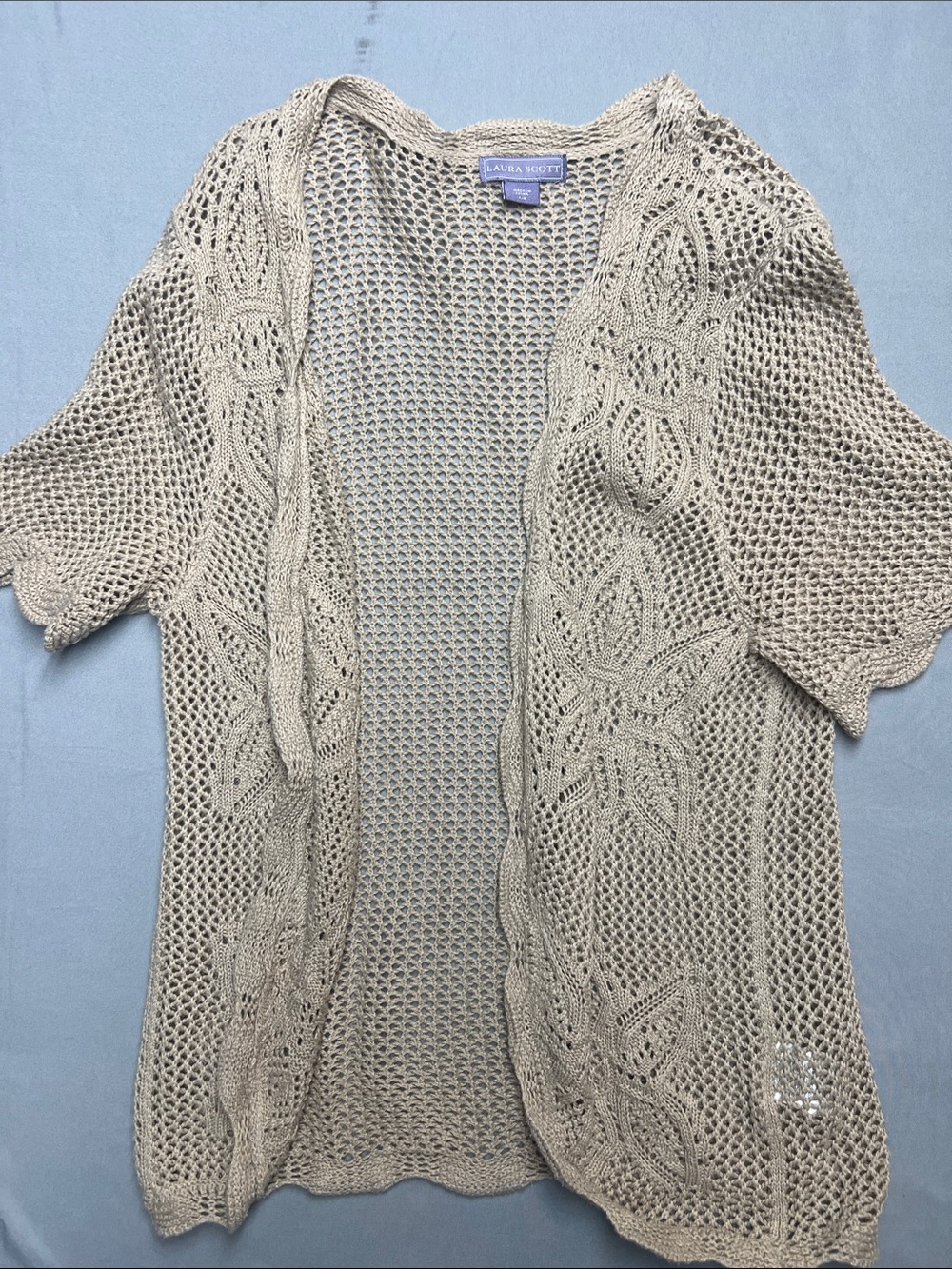 Laura Scott Beige Open-Knit Short Sleeve Cardigan